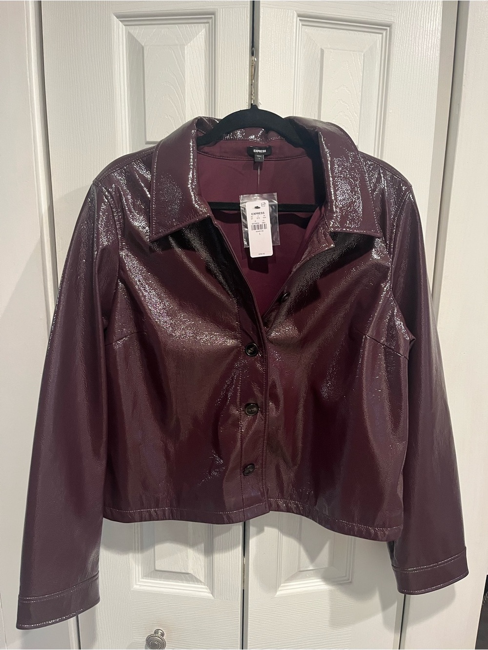 Express Women's Shiny Faux Leather Jacket — Plum button down Sz L NWT